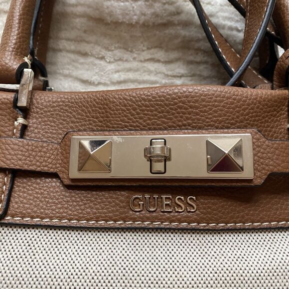 GUESS Raffie Carryall Purse Shoulder Strap Zip Pockets Brown Tan Camel Tote Bag - Picture 2 of 10